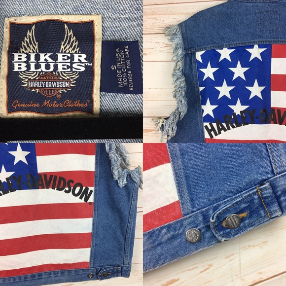 Harley Davidson AMERICAN FLAG Frayed Denim Vest SM - Picture 7 of 8